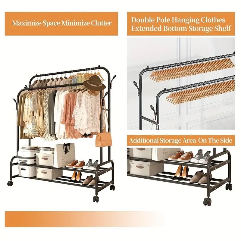 Rolling Double-Rod Garment Rack with Shelf and Side Hooks