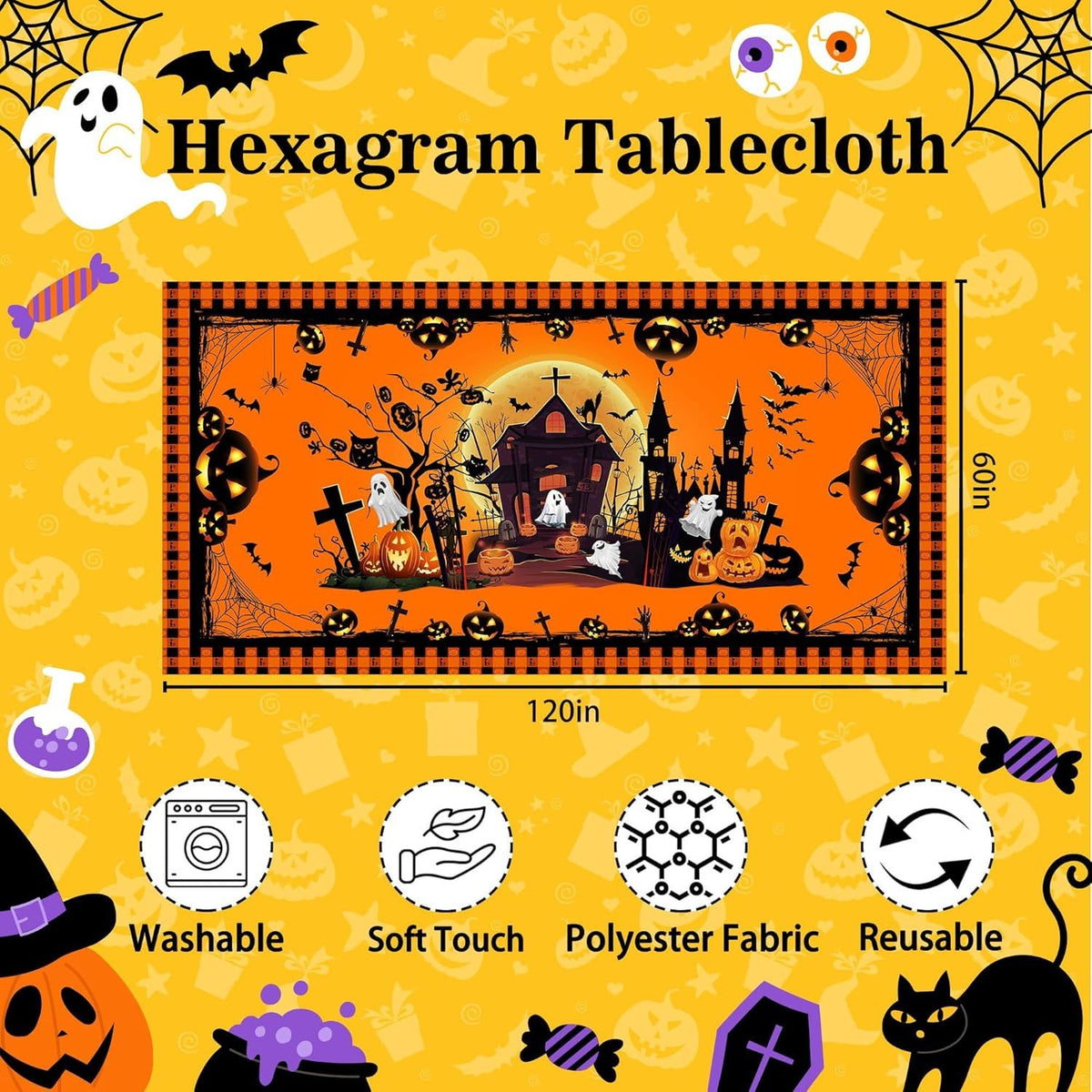 Pumpkin and Castle Ghost Halloween Tablecloth