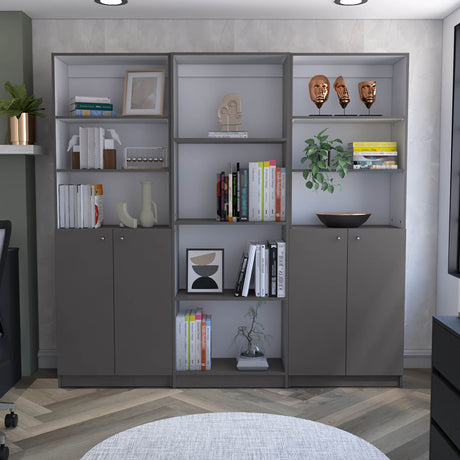 Hialeah 3-Piece Bookcase Set with 10 Shelves and Double-Door Cabinets, Matt Gray/White