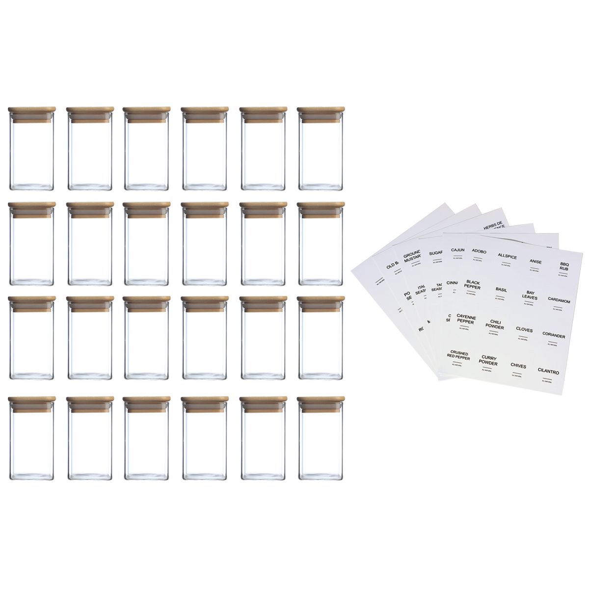 24 Spice Jars with Labels and Lids for Kitchen Organization