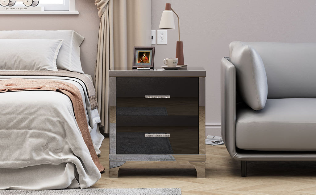 Black Mirrored High-Gloss Two-Drawer Nightstand