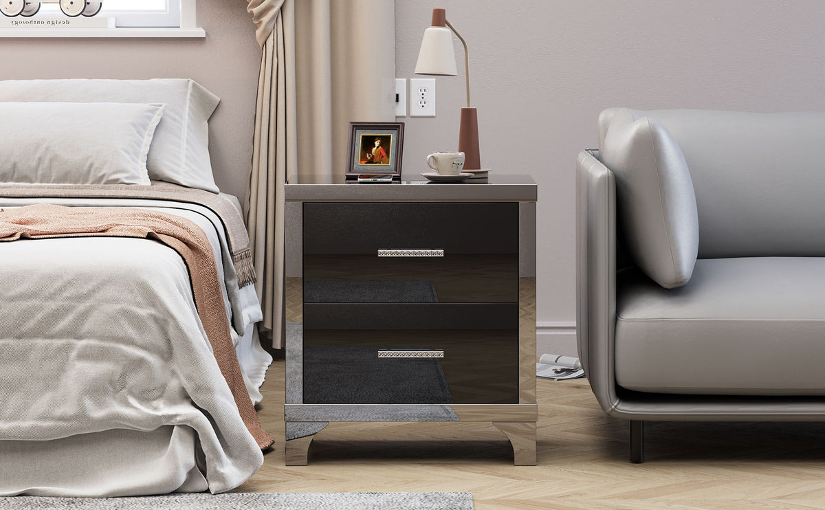 Black Mirrored High-Gloss Two-Drawer Nightstand