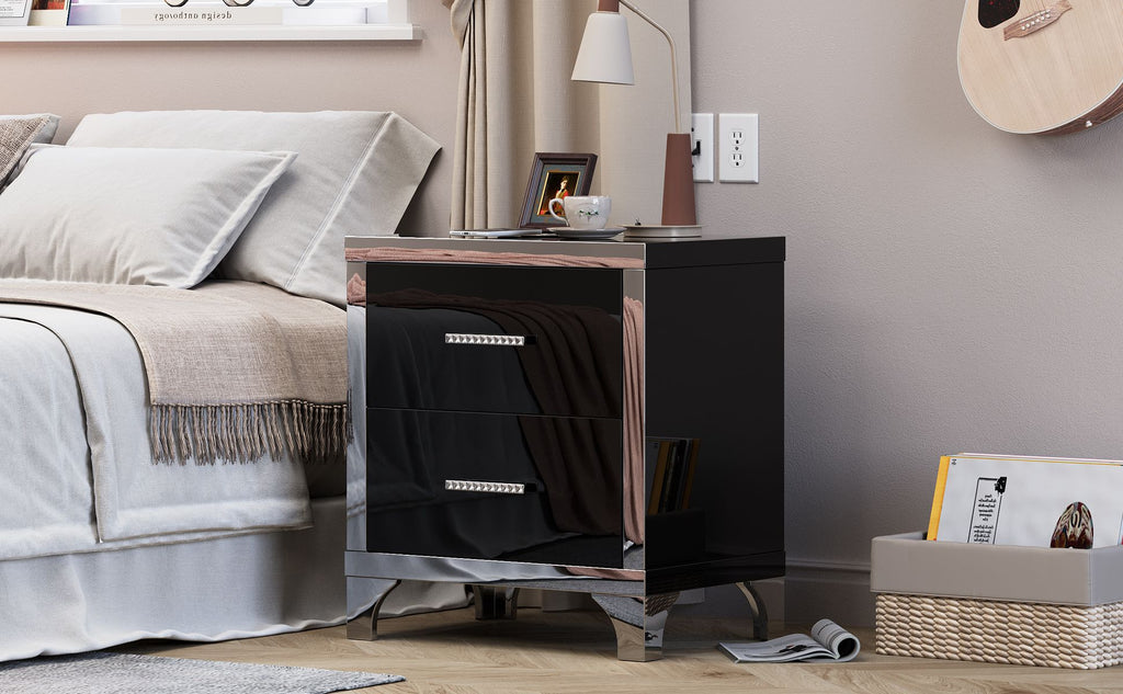 Black Mirrored High-Gloss Two-Drawer Nightstand