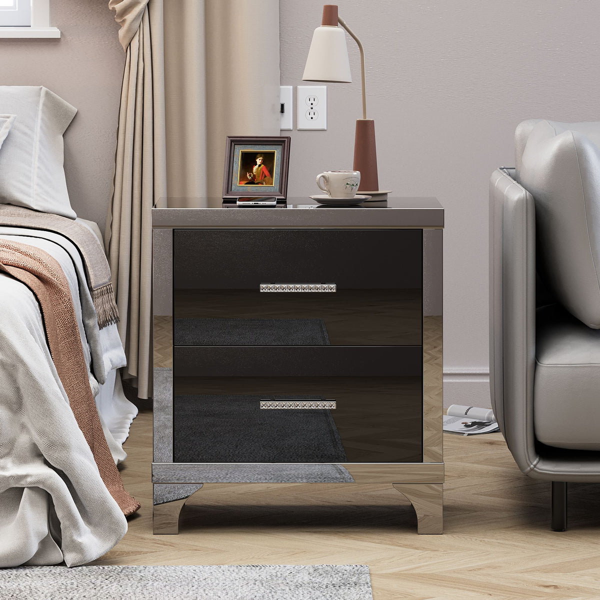 Black Mirrored High-Gloss Two-Drawer Nightstand