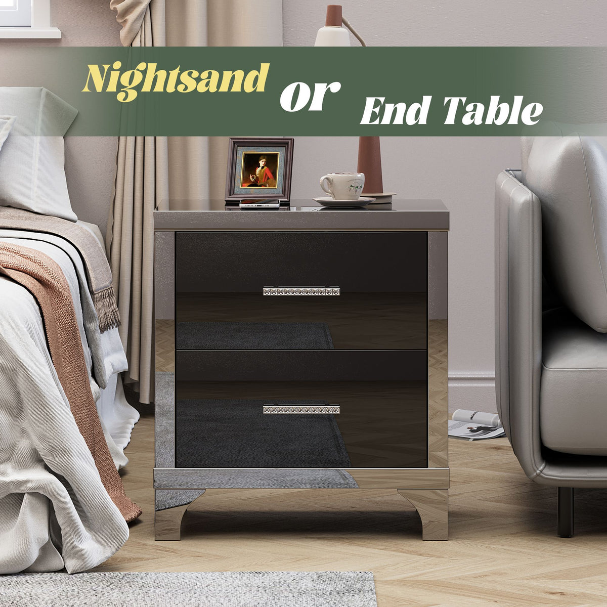 Black Mirrored High-Gloss Two-Drawer Nightstand