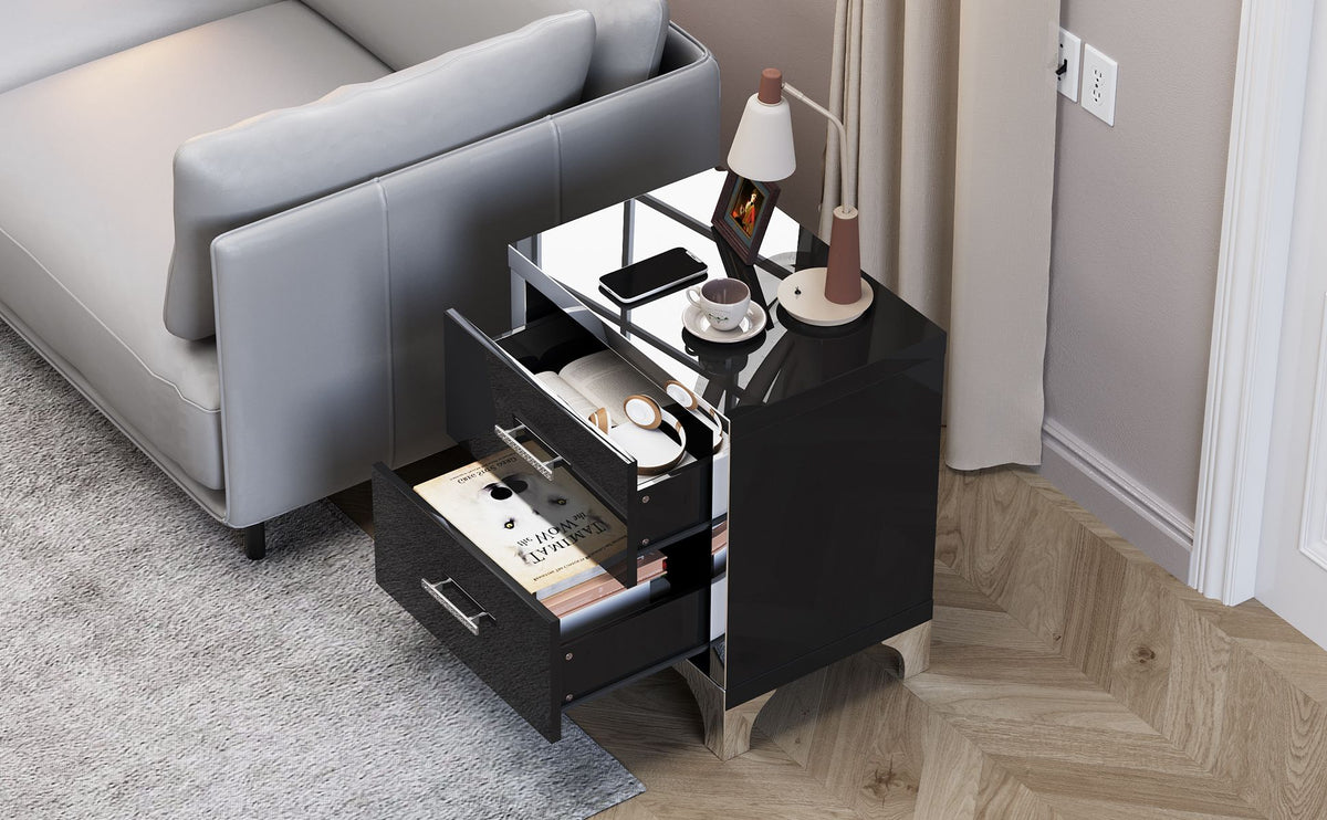 Black Mirrored High-Gloss Two-Drawer Nightstand