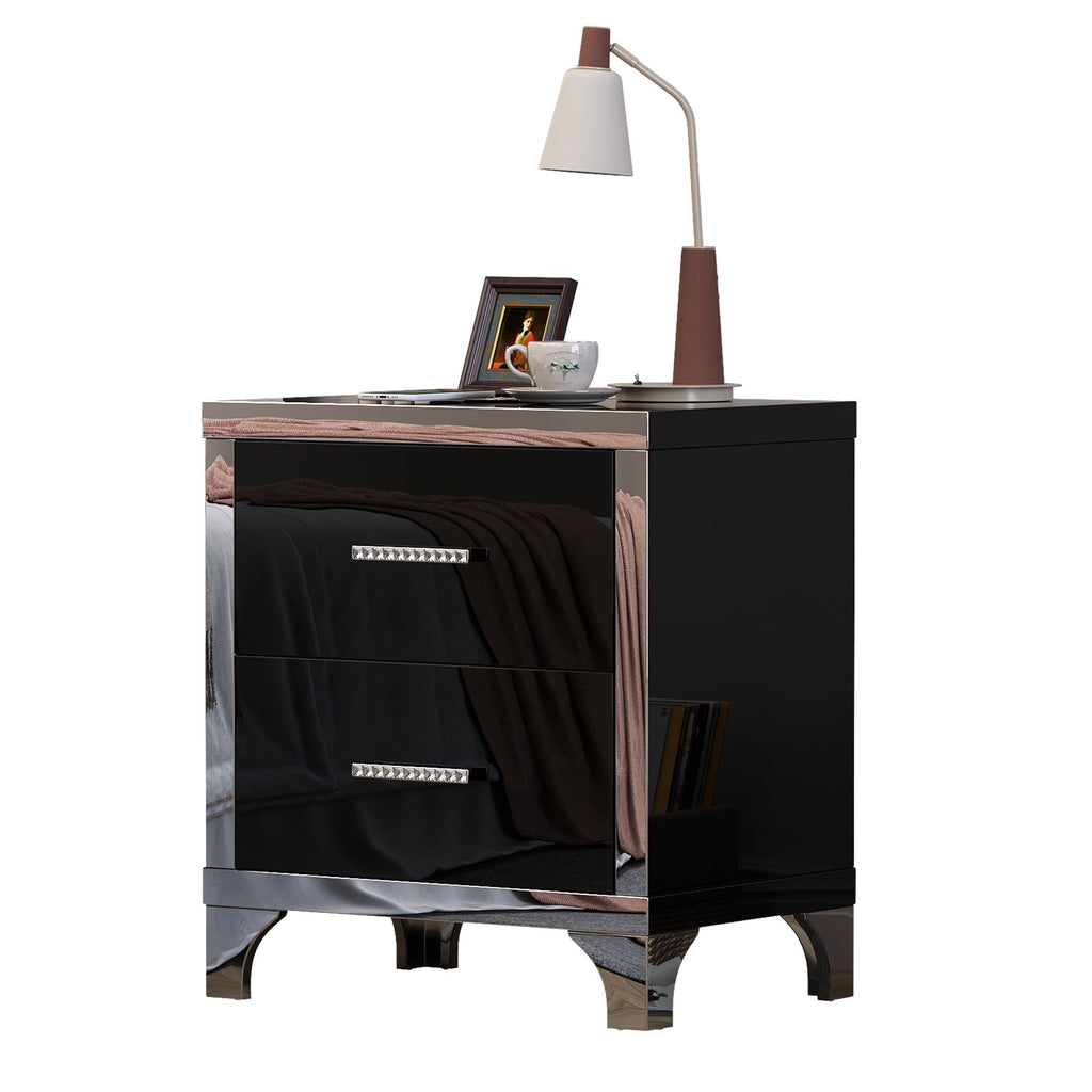 Black Mirrored High-Gloss Two-Drawer Nightstand