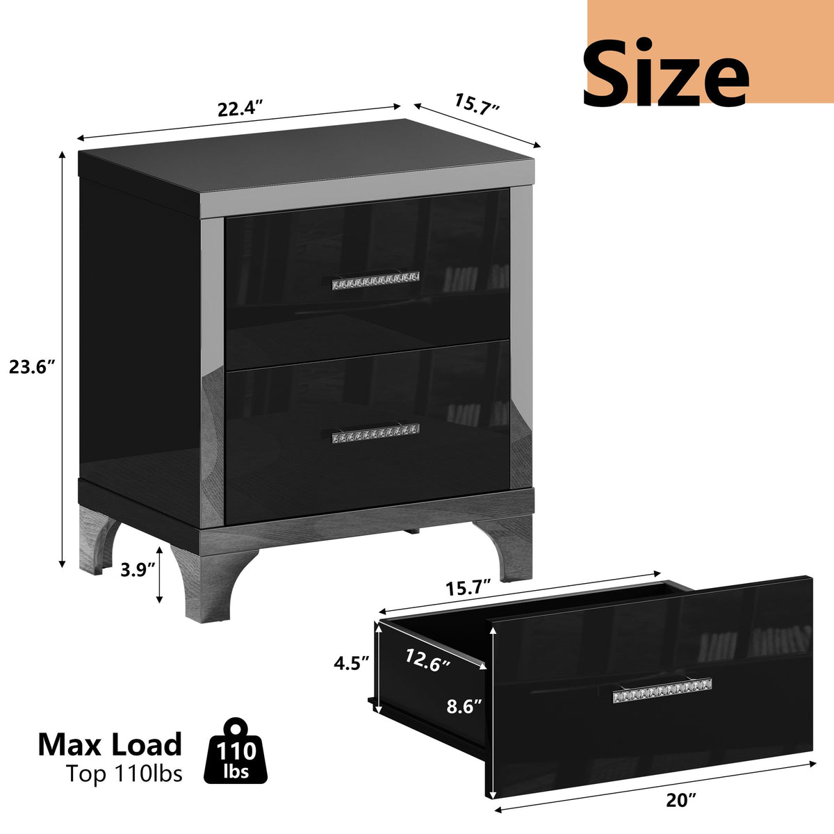 Black Mirrored High-Gloss Two-Drawer Nightstand