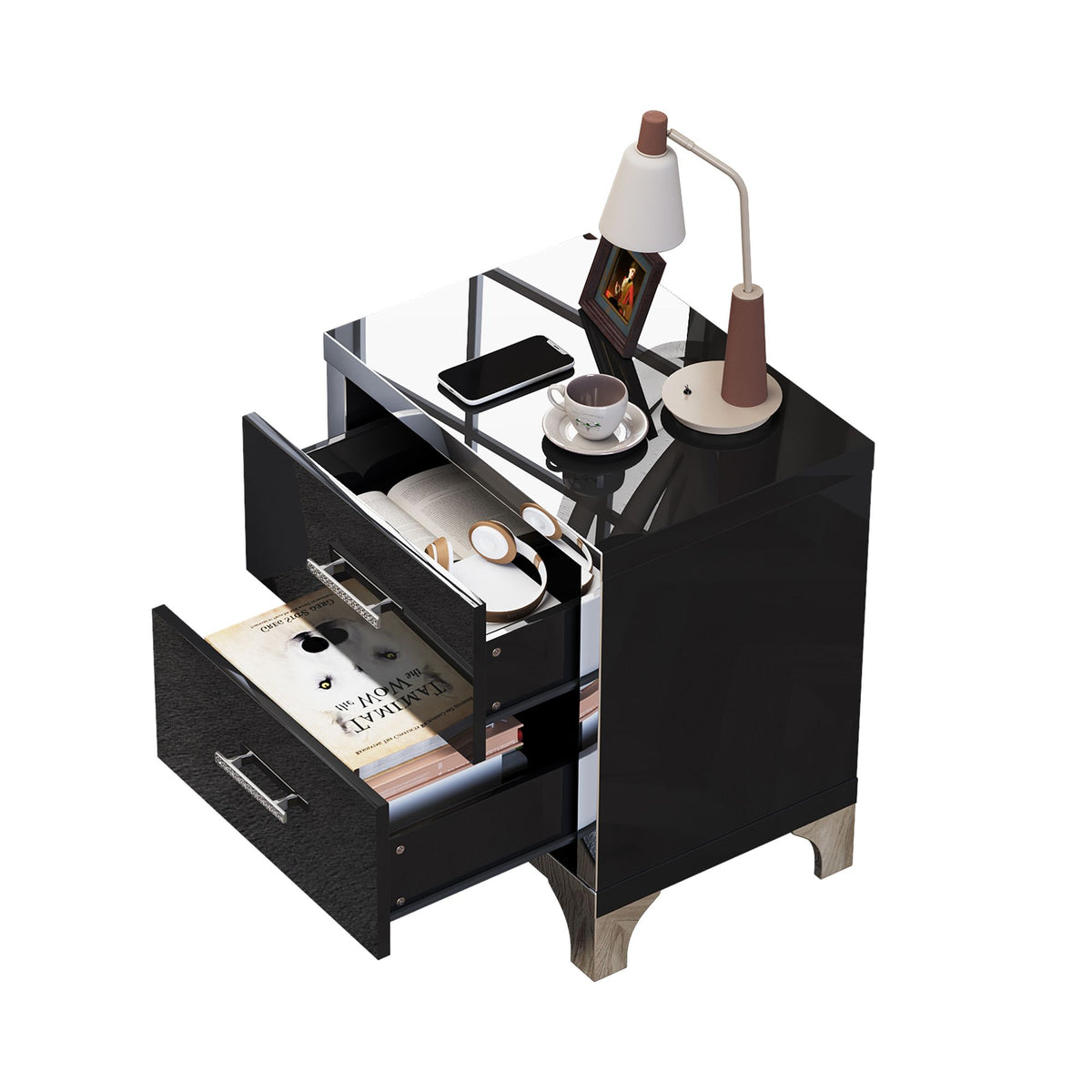Black Mirrored High-Gloss Two-Drawer Nightstand