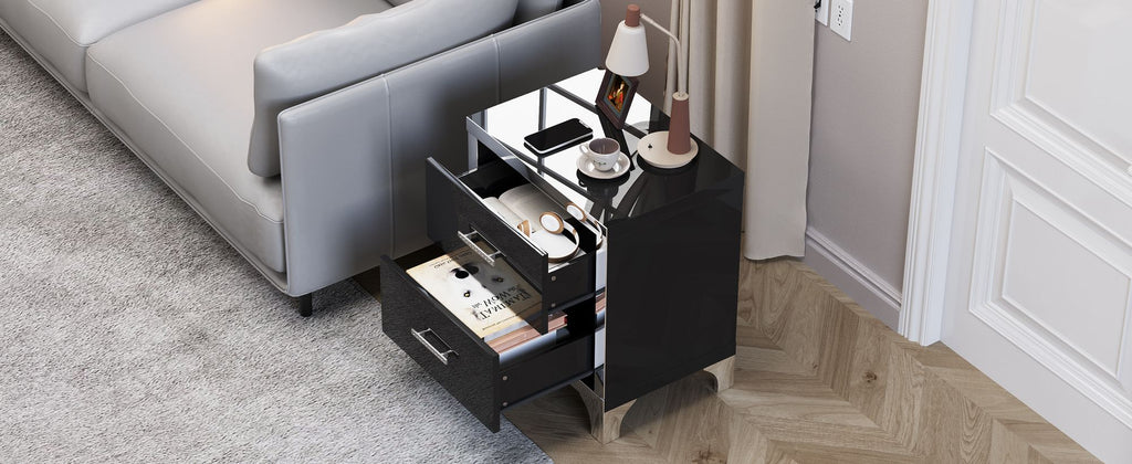 Black Mirrored High-Gloss Two-Drawer Nightstand