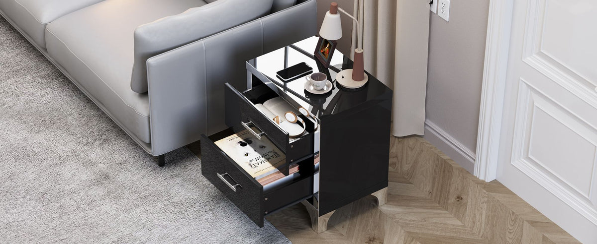 Black Mirrored High-Gloss Two-Drawer Nightstand