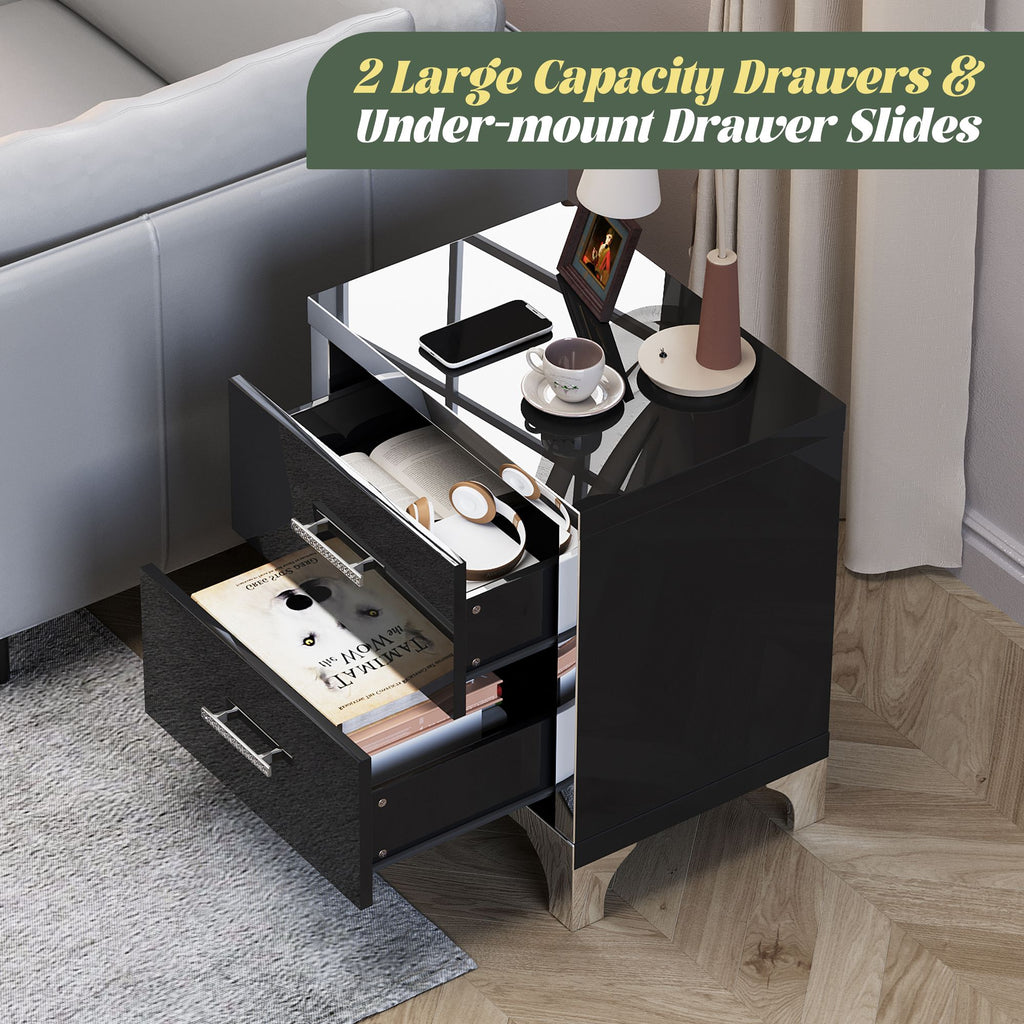 Black Mirrored High-Gloss Two-Drawer Nightstand