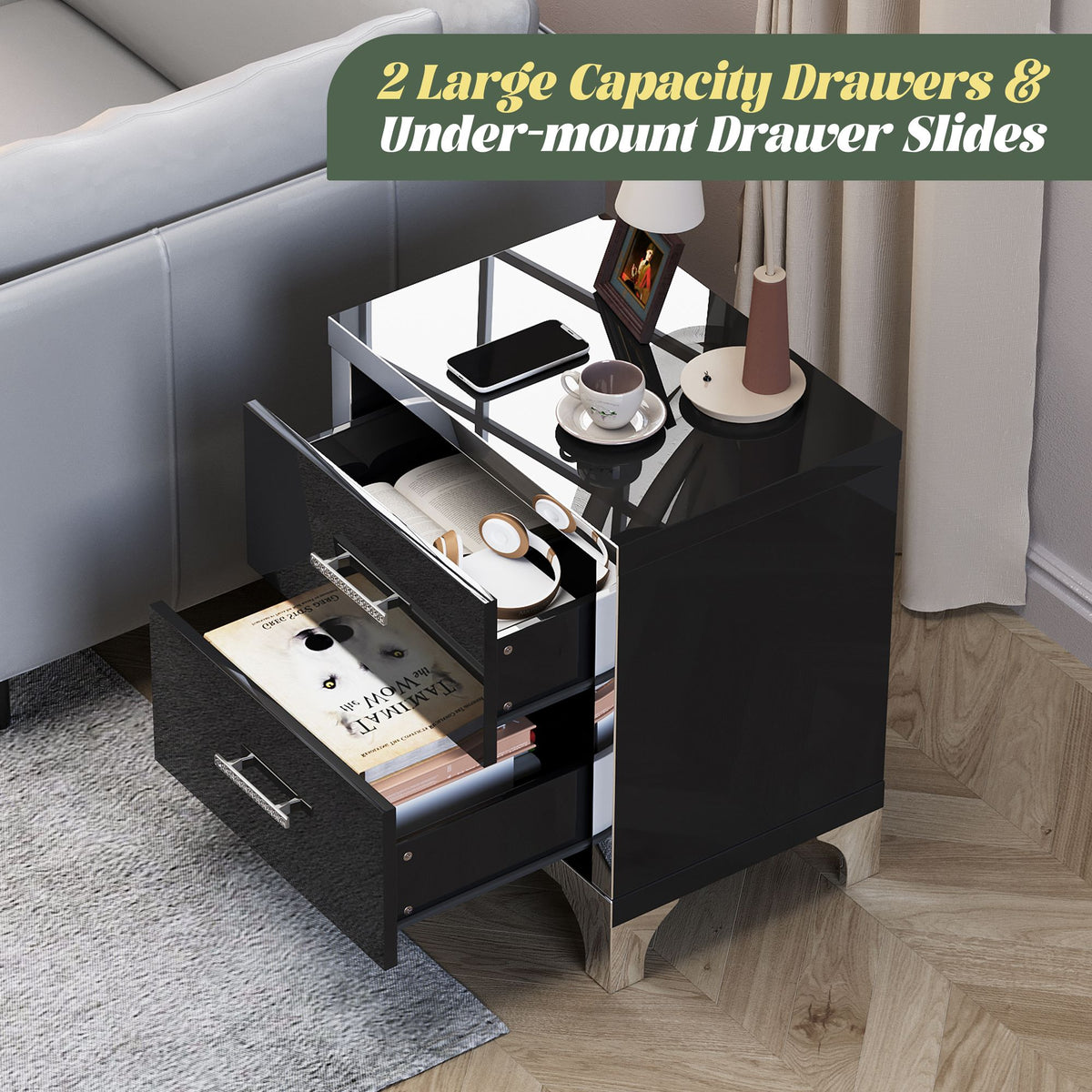 Black Mirrored High-Gloss Two-Drawer Nightstand