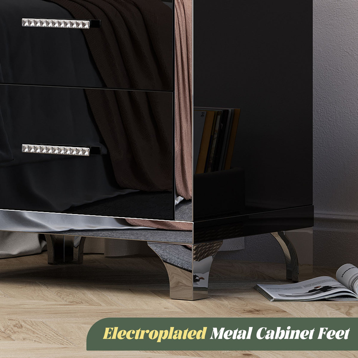 Black Mirrored High-Gloss Two-Drawer Nightstand