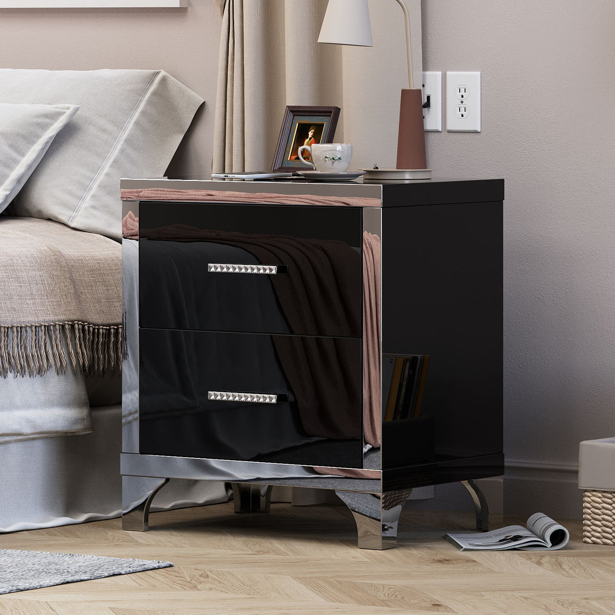 Black Mirrored High-Gloss Two-Drawer Nightstand