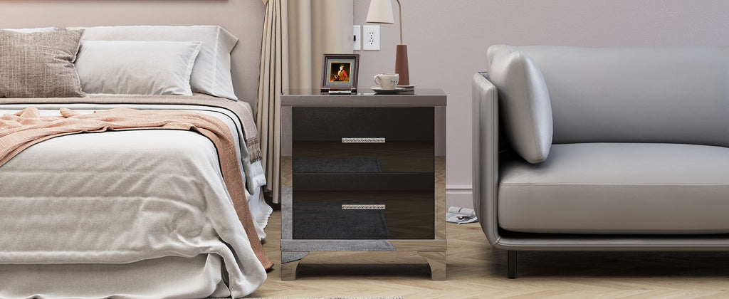 Black Mirrored High-Gloss Two-Drawer Nightstand