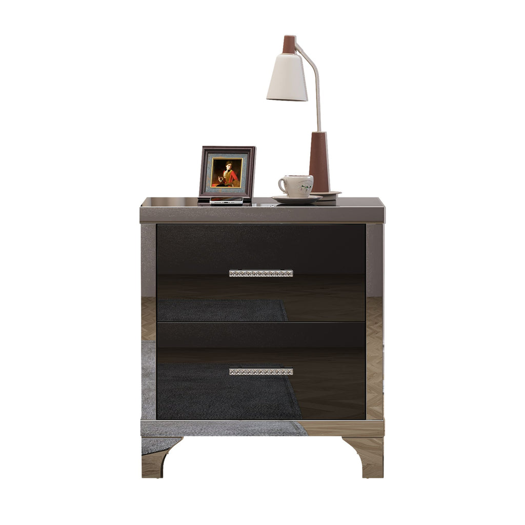 Black Mirrored High-Gloss Two-Drawer Nightstand