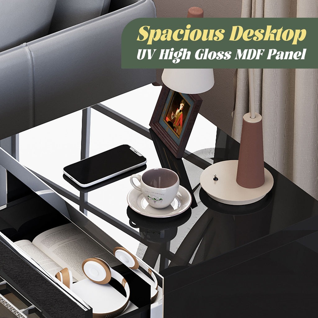 Black Mirrored High-Gloss Two-Drawer Nightstand