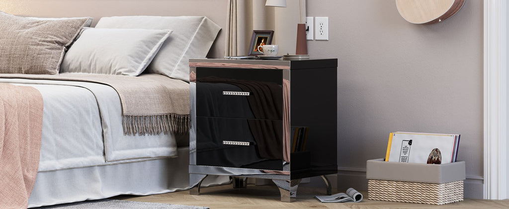 Black Mirrored High-Gloss Two-Drawer Nightstand