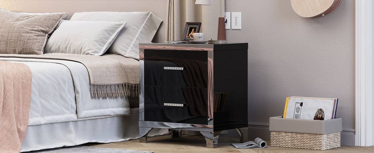 Black Mirrored High-Gloss Two-Drawer Nightstand