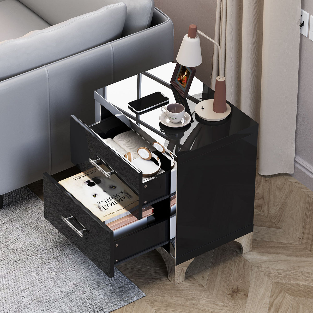 Black Mirrored High-Gloss Two-Drawer Nightstand