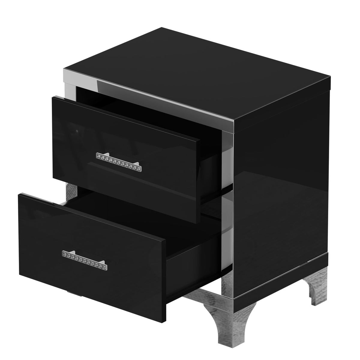 Black Mirrored High-Gloss Two-Drawer Nightstand