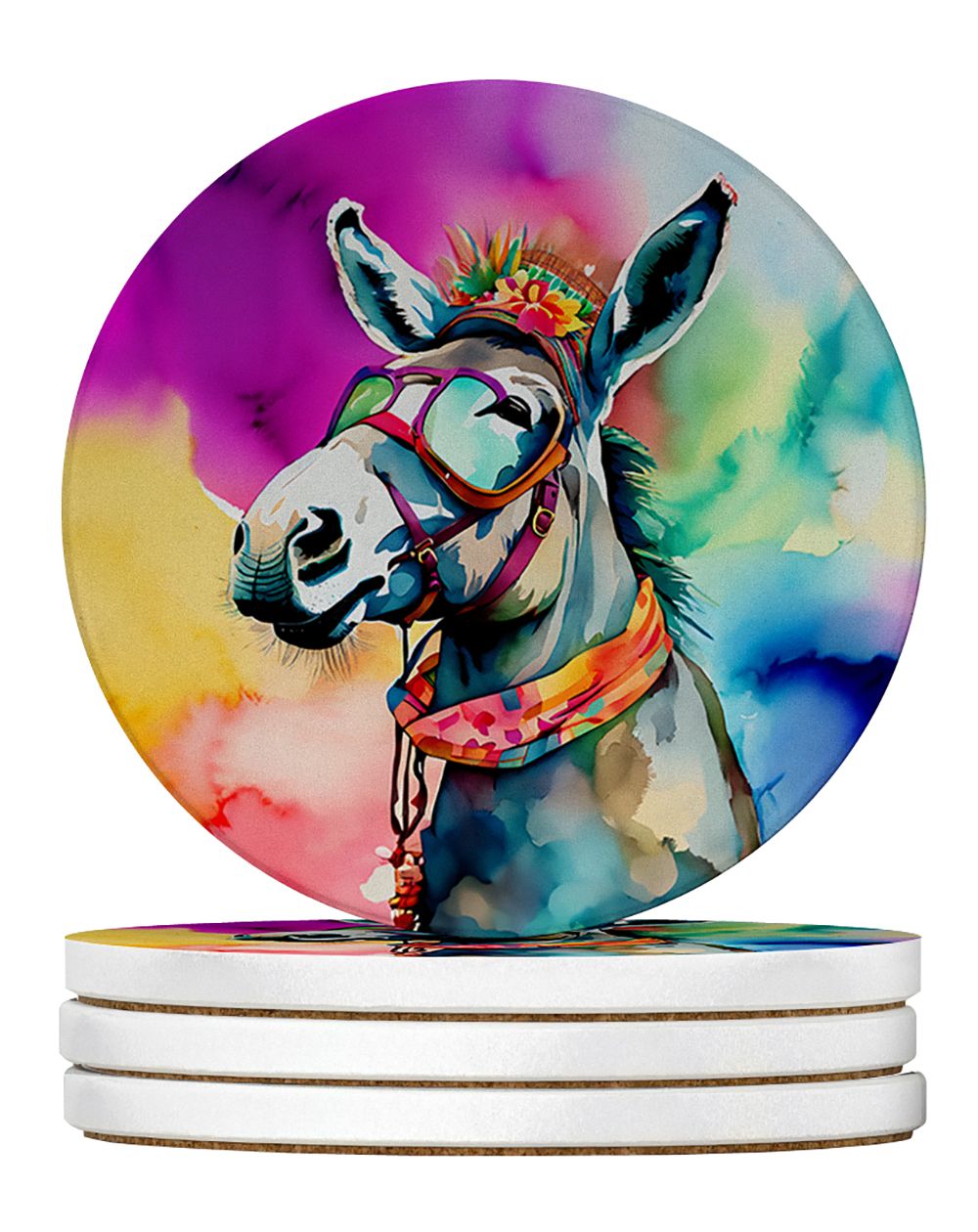 Hippie Animal Donkey Large Sandstone Coasters Pack of 4 - Absorbent Round Coasters