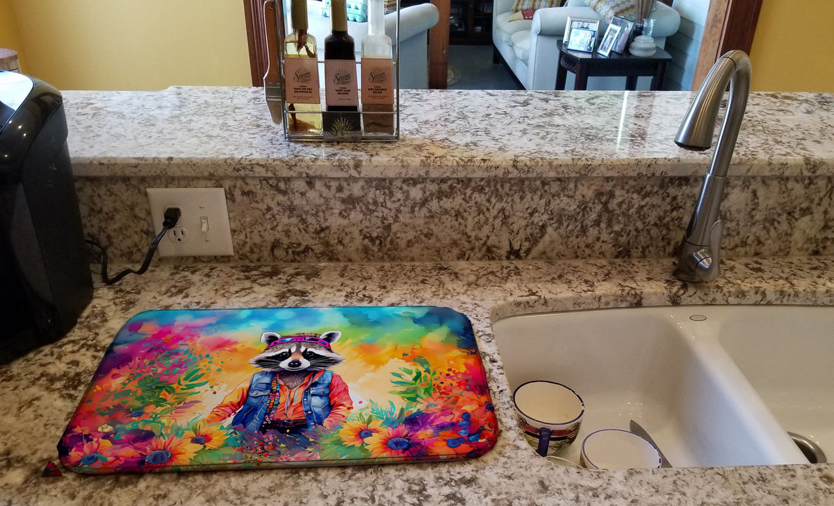 Hippie Raccoon Dish Drying Mat for Kitchen Counters