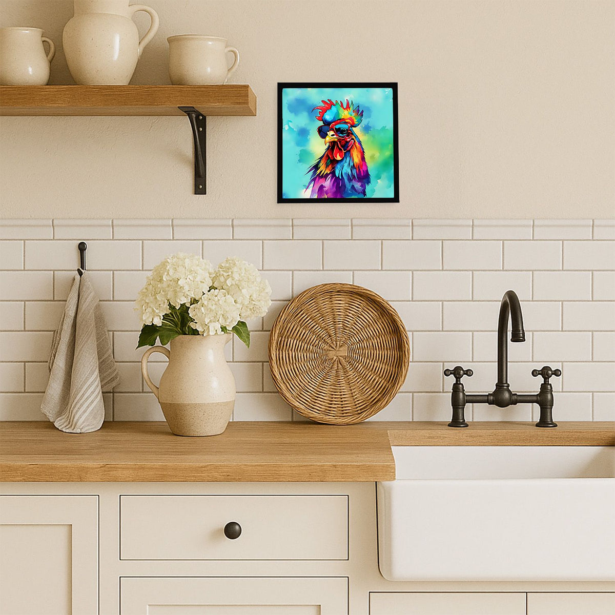 Hippie Rooster Framed Wall Art with Colorful Character
