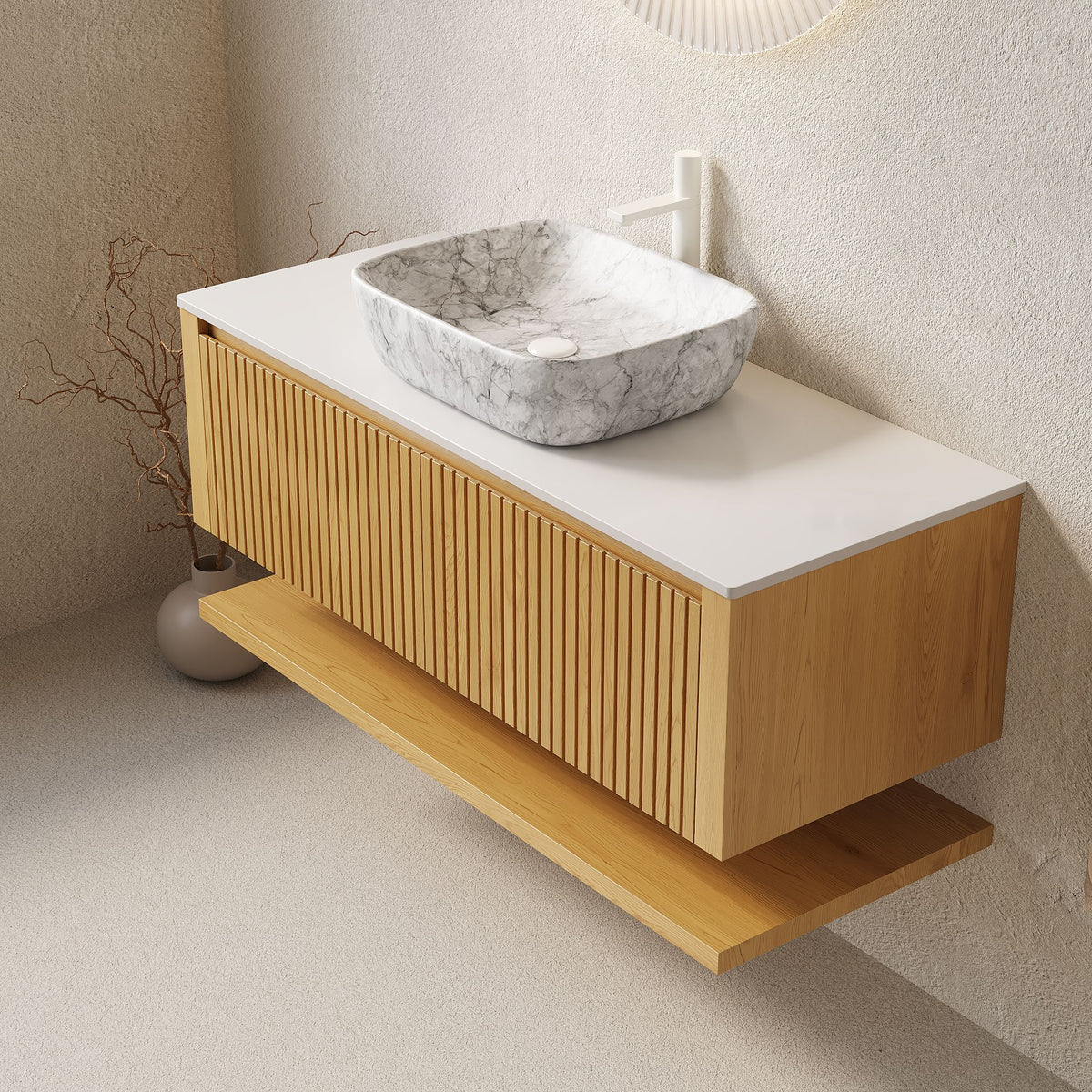 HIZON Floating Plywood Bathroom Vanity with Ceramic Basin and Sintered Stone Top