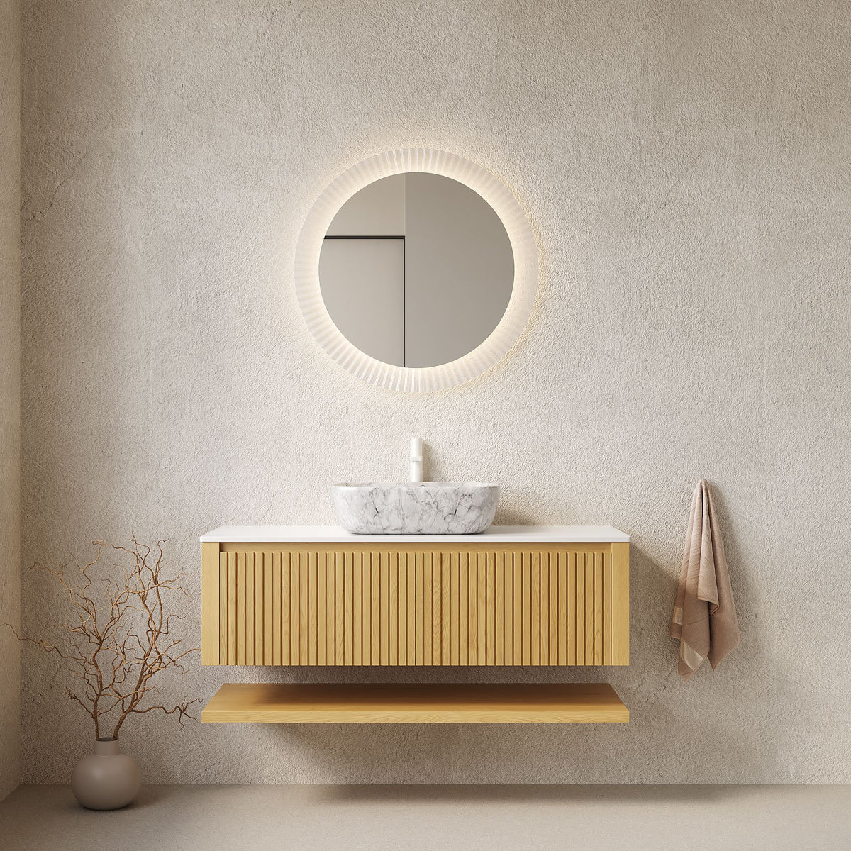 HIZON Floating Plywood Bathroom Vanity with Ceramic Basin and Sintered Stone Top