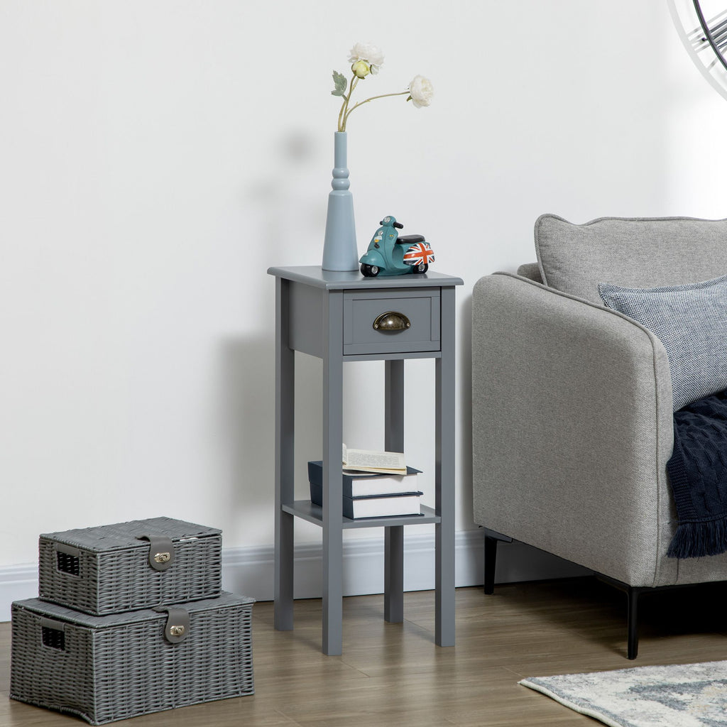 Narrow Side Table with Drawer and Elevated Shelf