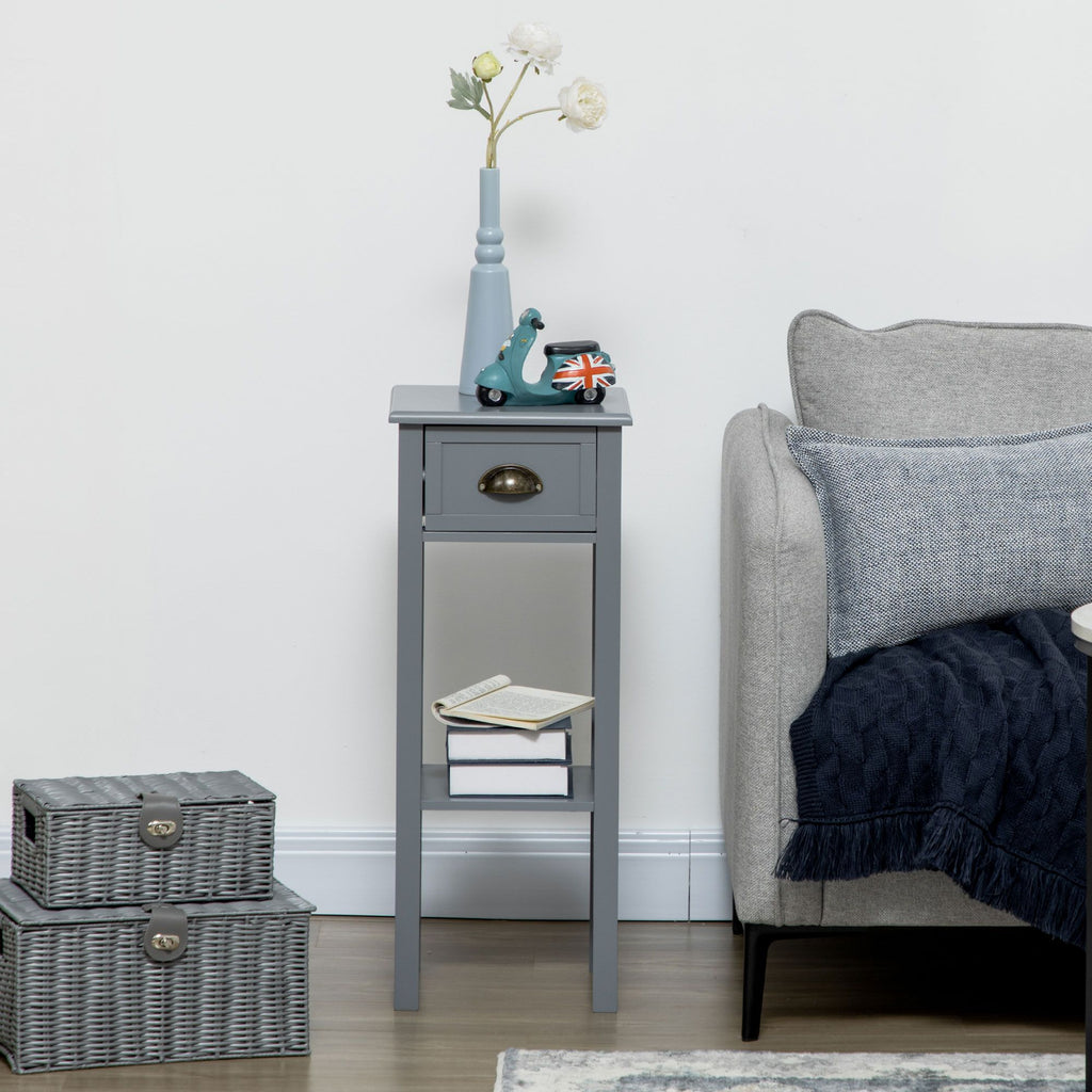 Narrow Side Table with Drawer and Elevated Shelf