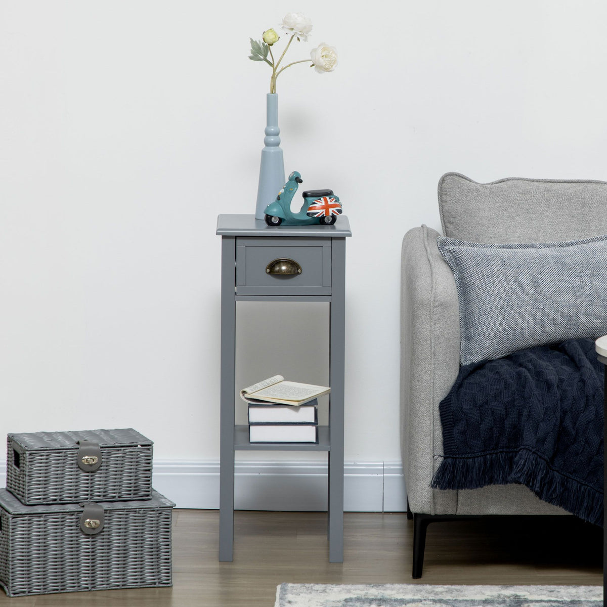 Narrow Side Table with Drawer and Elevated Shelf