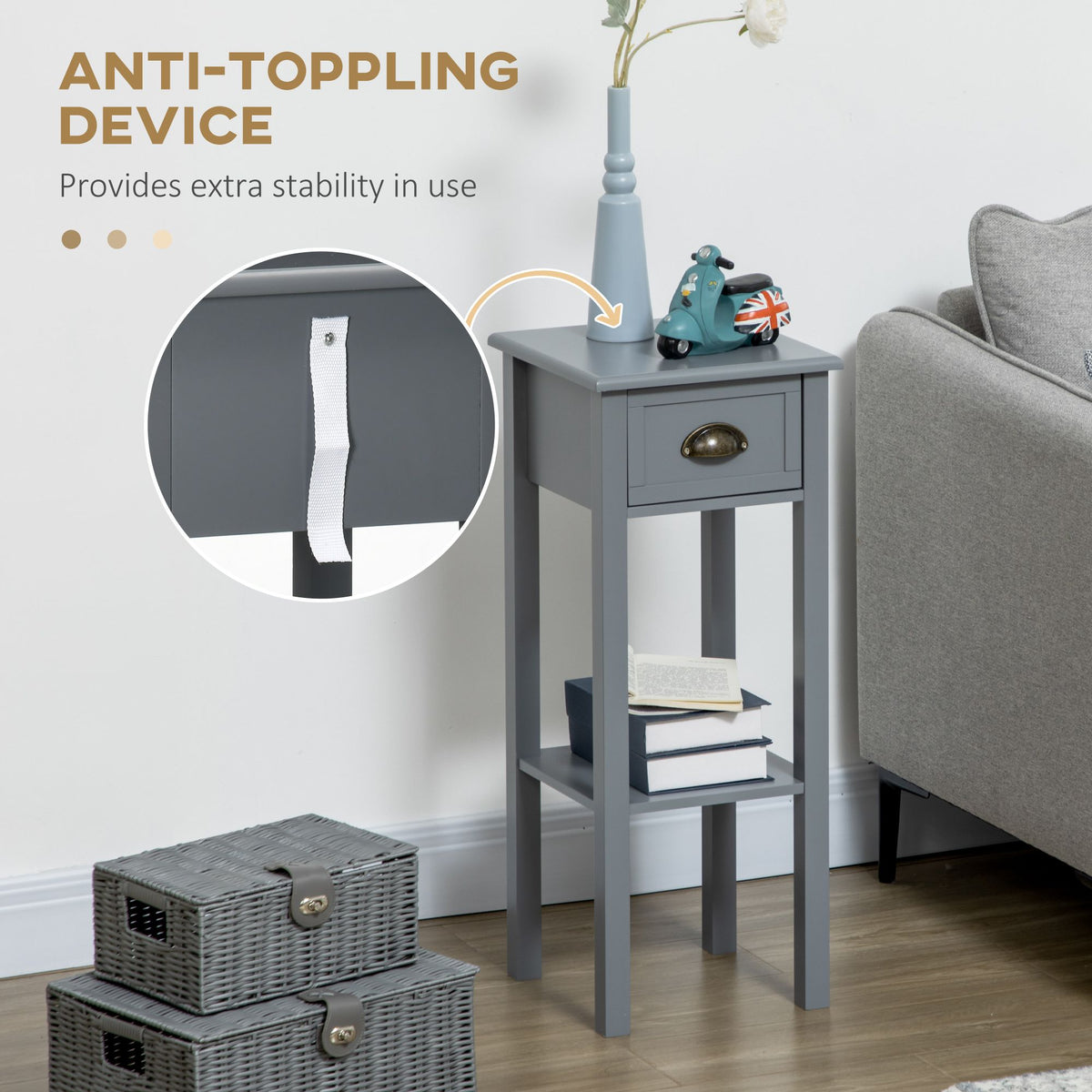 Narrow Side Table with Drawer and Elevated Shelf