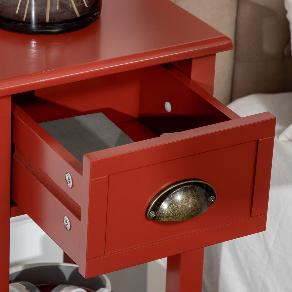 Slim Red Side Table with Drawer and Raised Shelf