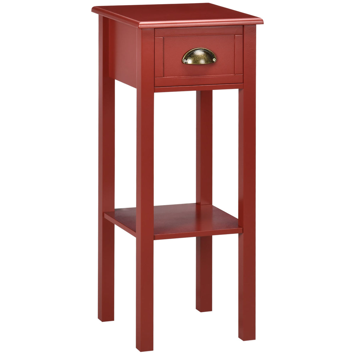 Slim Red Side Table with Drawer and Raised Shelf
