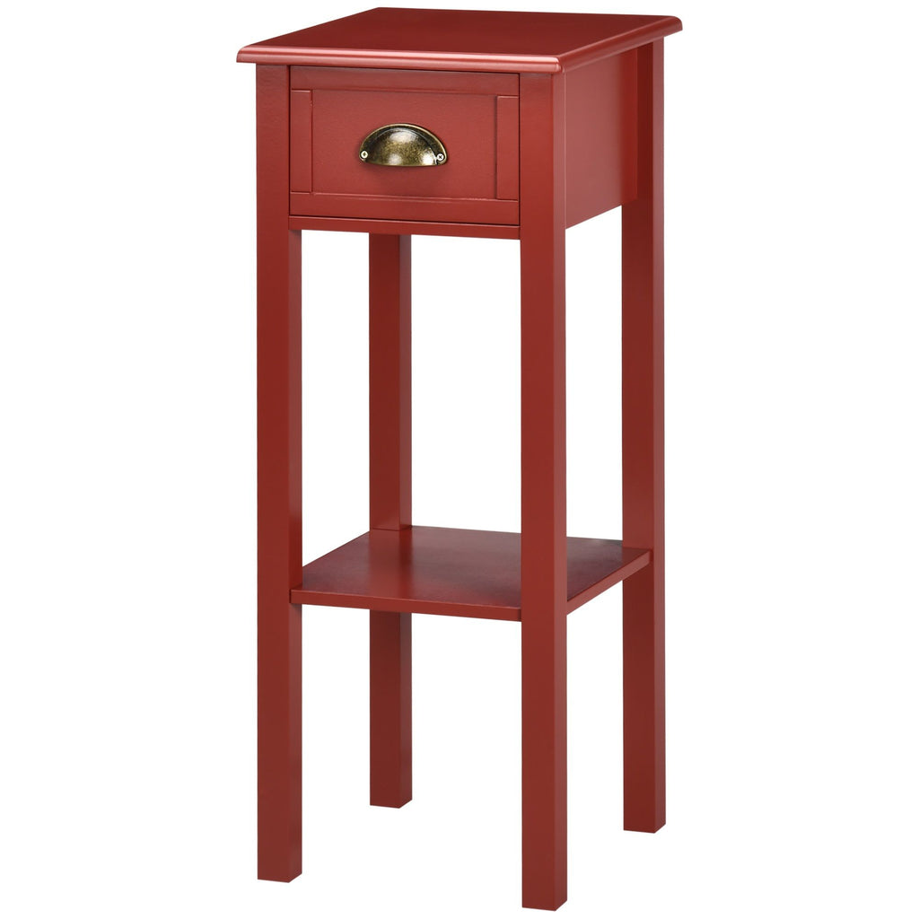 Slim Red Side Table with Drawer and Raised Shelf