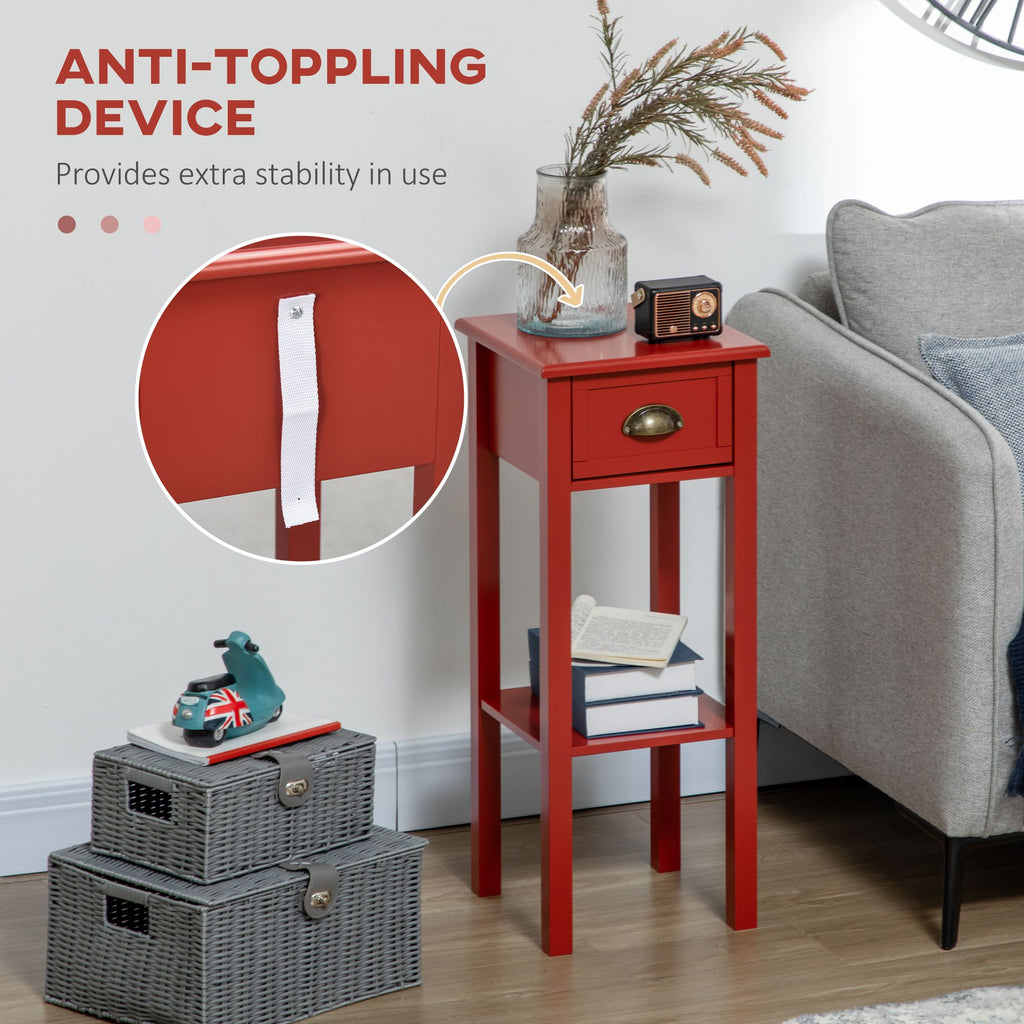 Slim Red Side Table with Drawer and Raised Shelf