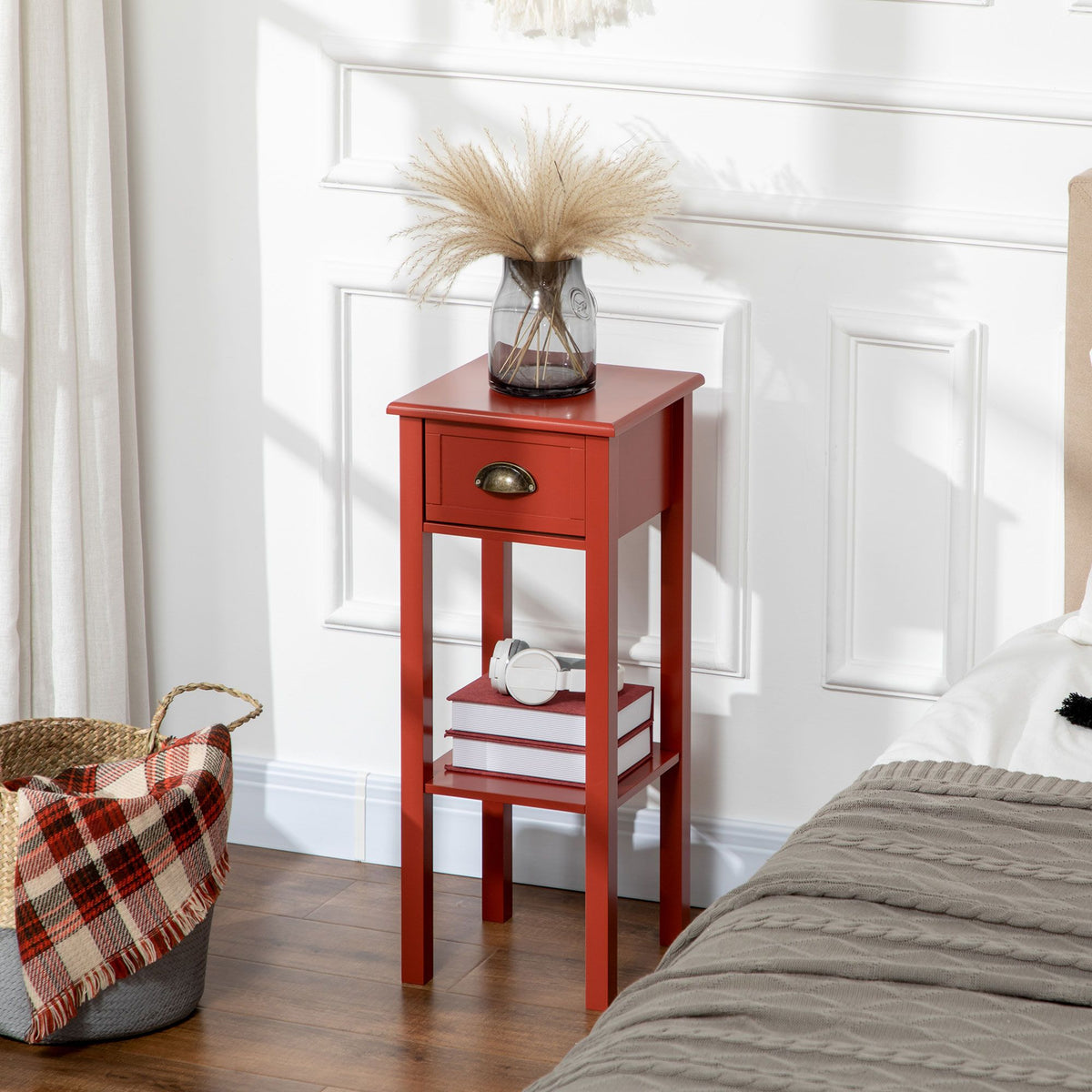Slim Red Side Table with Drawer and Raised Shelf