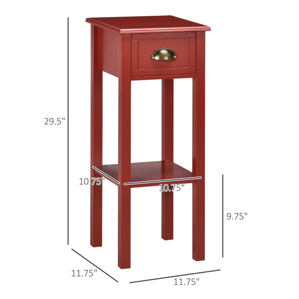 Slim Red Side Table with Drawer and Raised Shelf