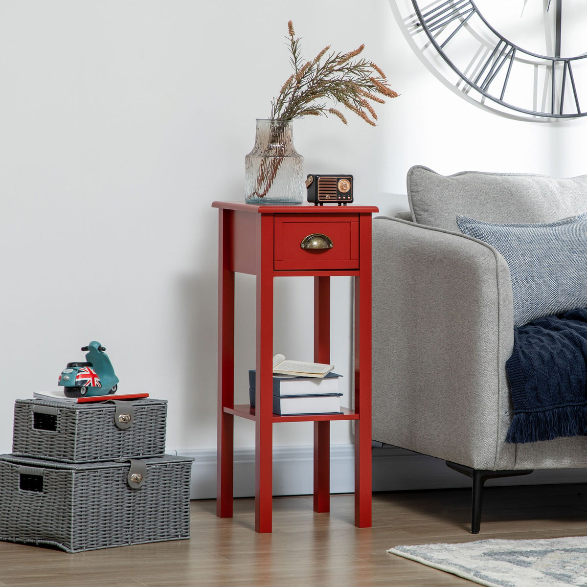 Slim Red Side Table with Drawer and Raised Shelf
