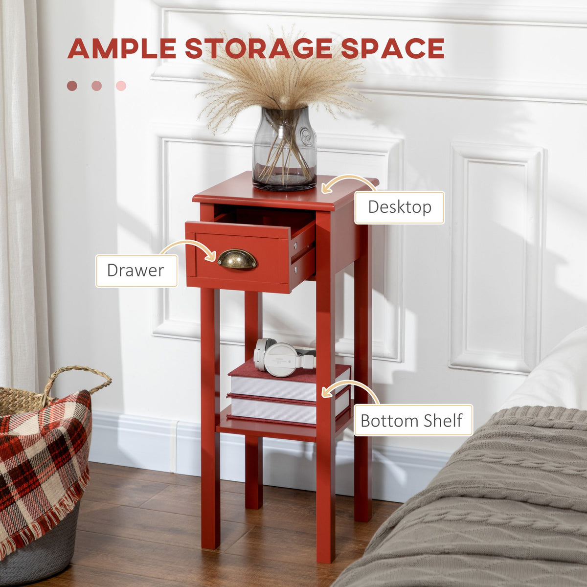 Slim Red Side Table with Drawer and Raised Shelf