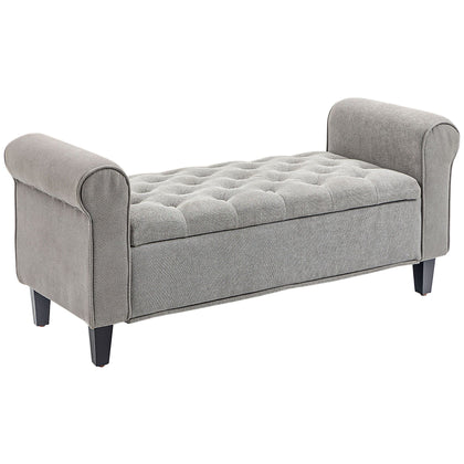 Upholstered Storage Ottoman Bench with Rolled Arms and Hidden Storage