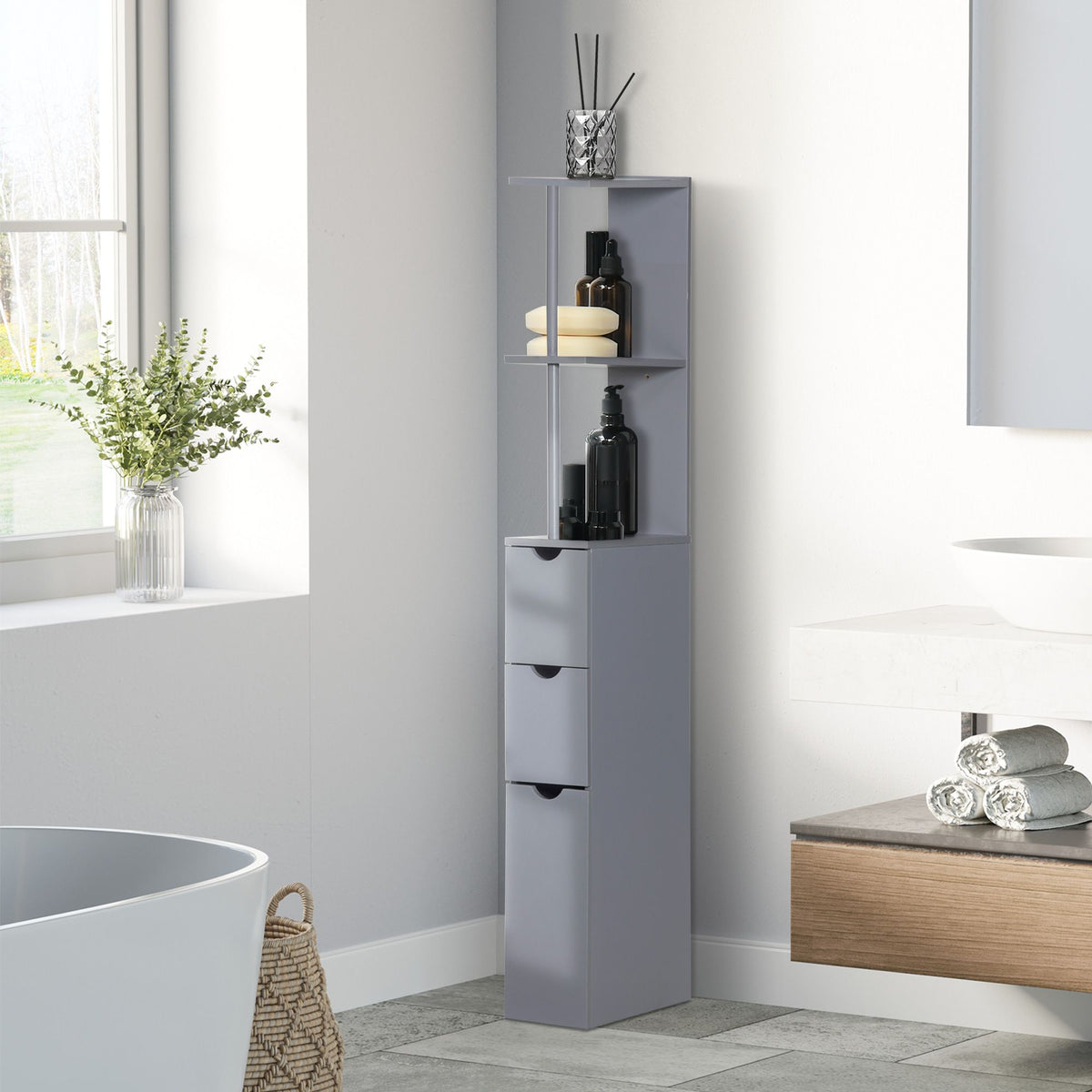 HOMCOM Narrow Bathroom Linen Tower with Shelves and Drawers