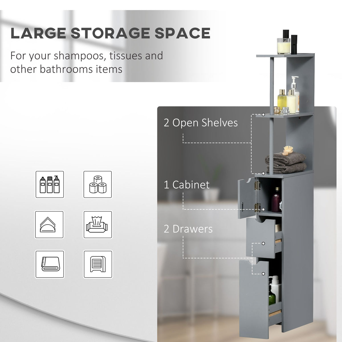 HOMCOM Narrow Bathroom Linen Tower with Shelves and Drawers