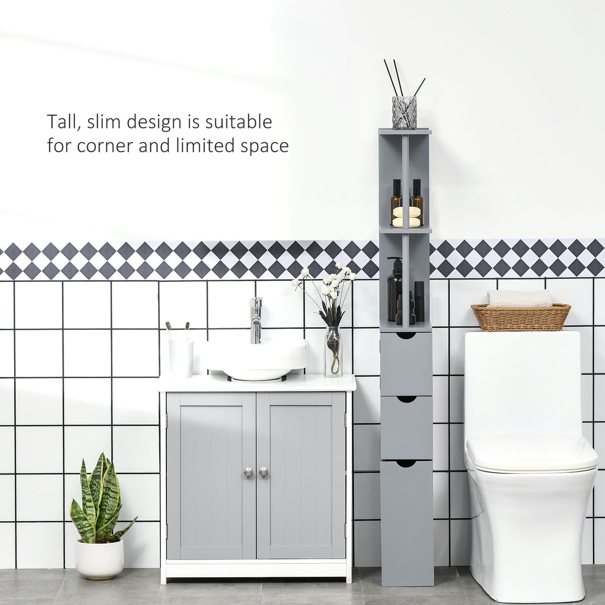 HOMCOM Narrow Bathroom Linen Tower with Shelves and Drawers