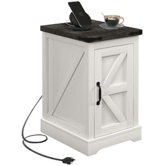 HOMCOM Farmhouse End Table with Charging Station and Storage Cabinet
