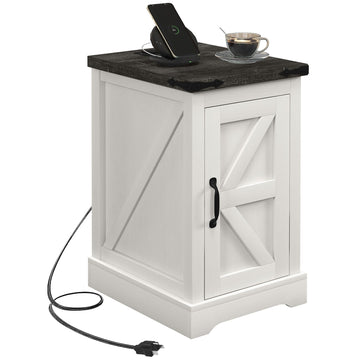 HOMCOM Farmhouse End Table with Charging Station and Storage Cabinet