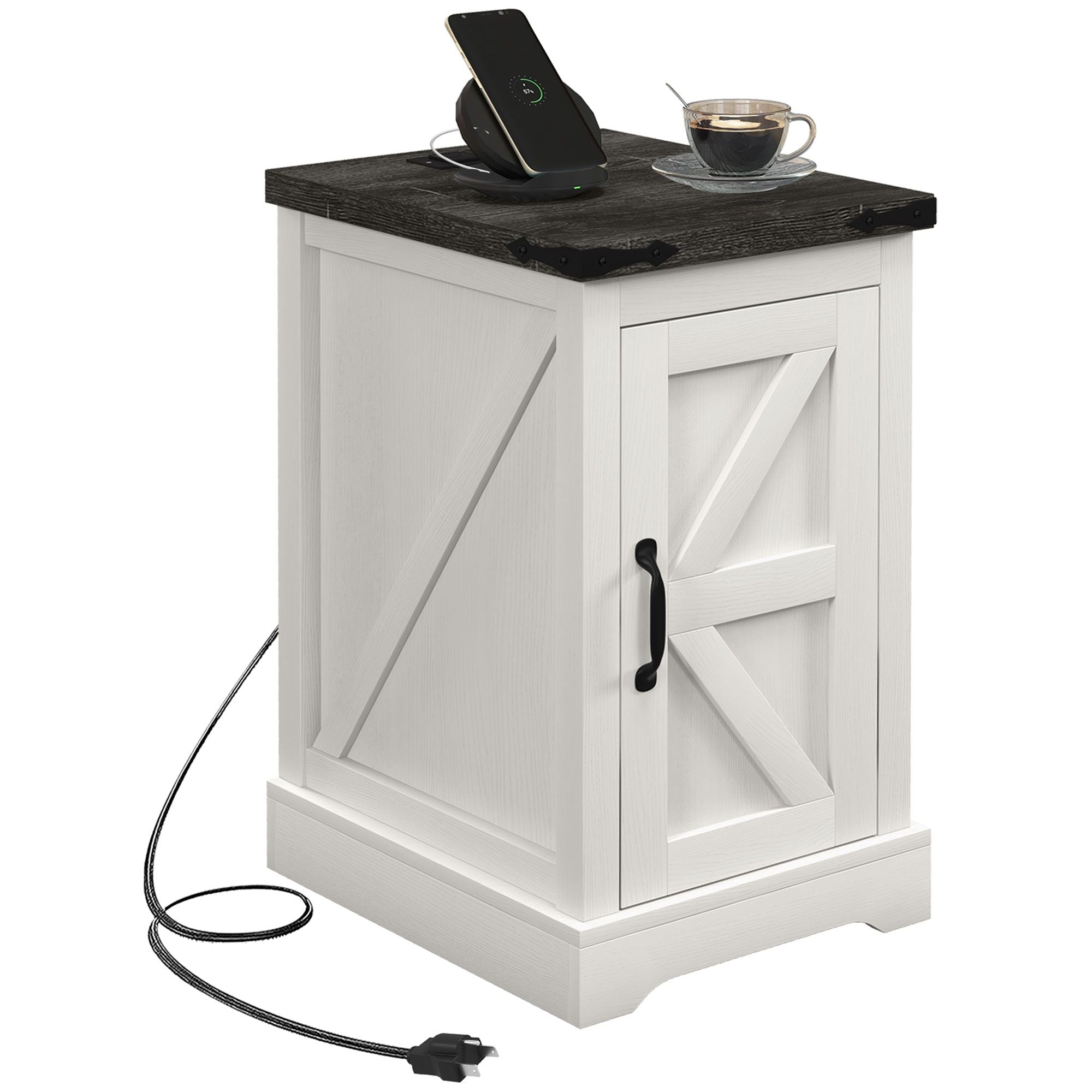 HOMCOM Farmhouse End Table with Charging Station and Storage Cabinet